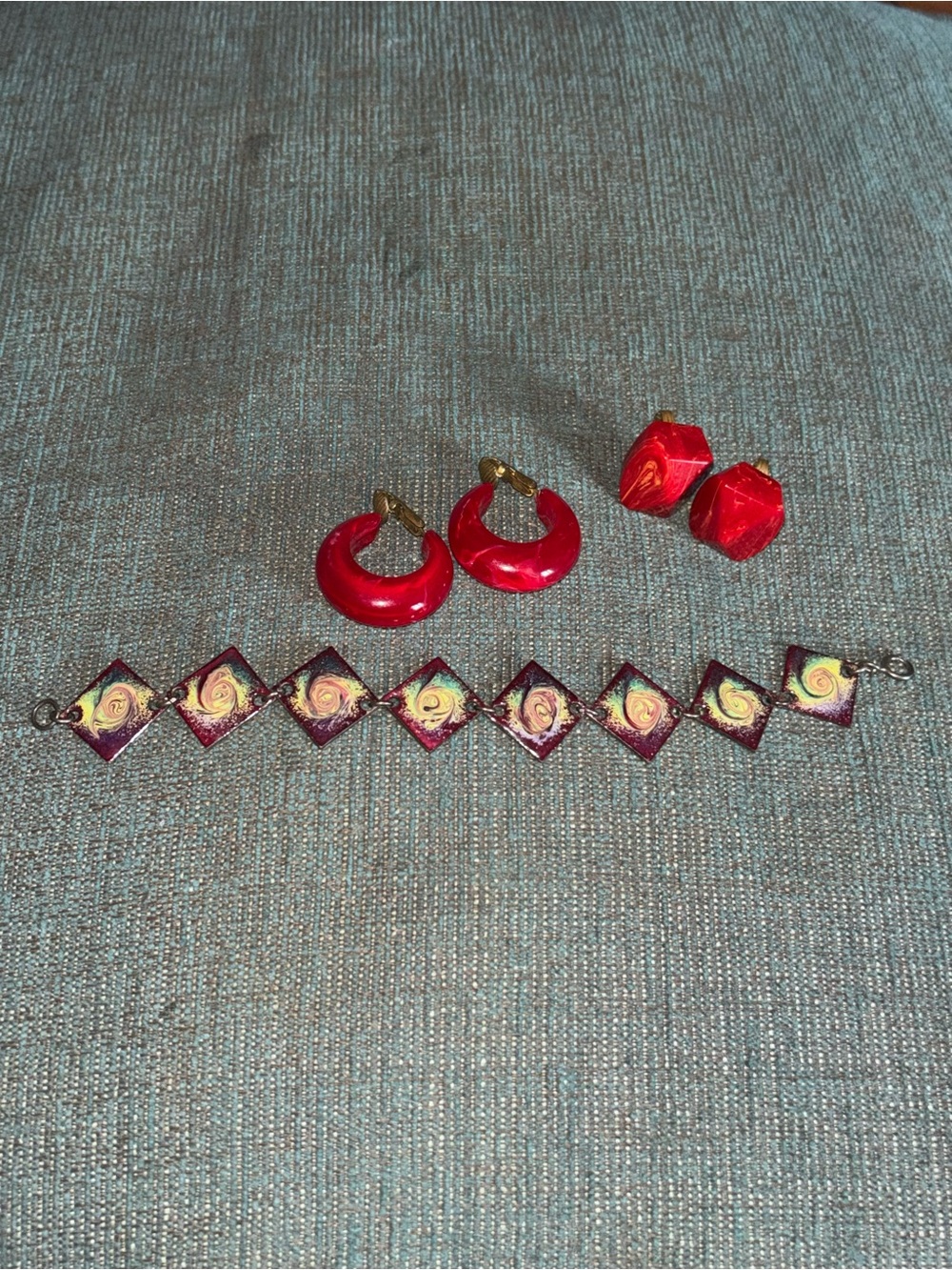 Mid-Century Modern Enamel Bracelet and Bakelite Earrings